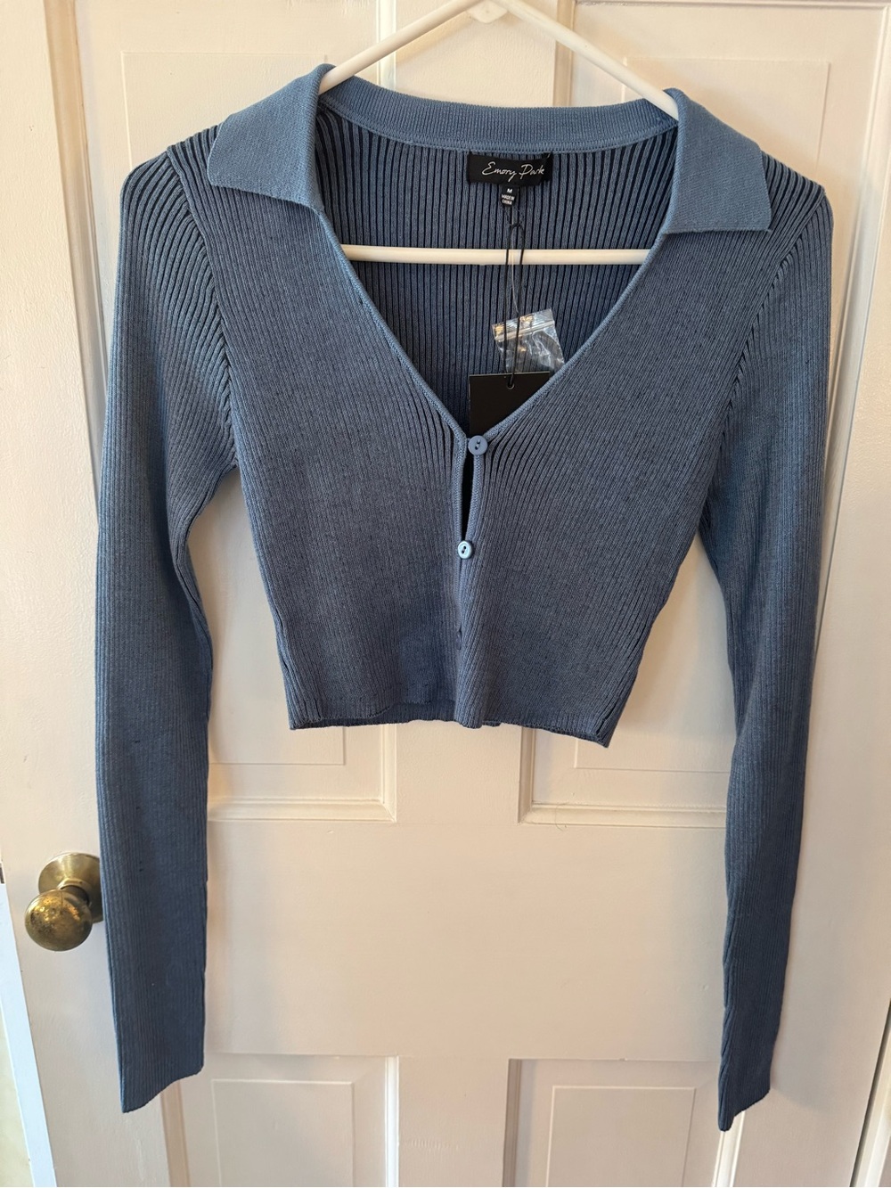 emory park Dusty Blue Ribbed Collared Crop Cardigan